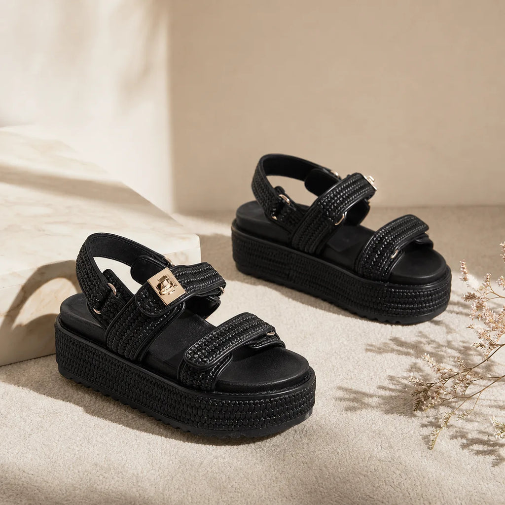 Deep Black Nerina Raffia Gladiator Sandals styled scene