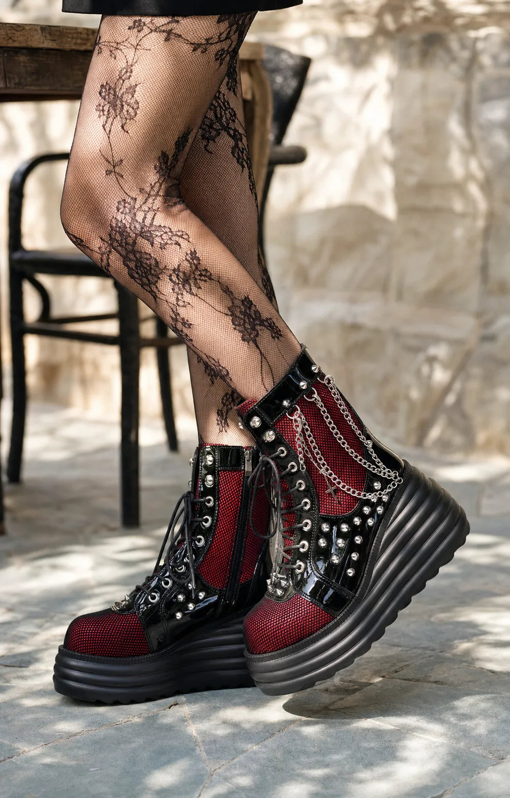 Deep Red Loretta Microfiber Platform Boots on-foot view
