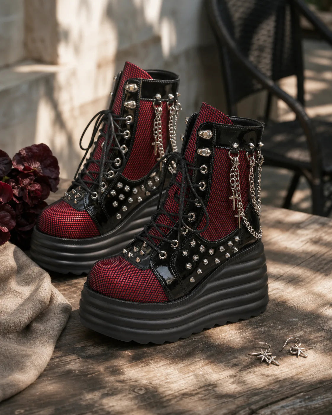 Deep Red Loretta Microfiber Platform Boots styled scene