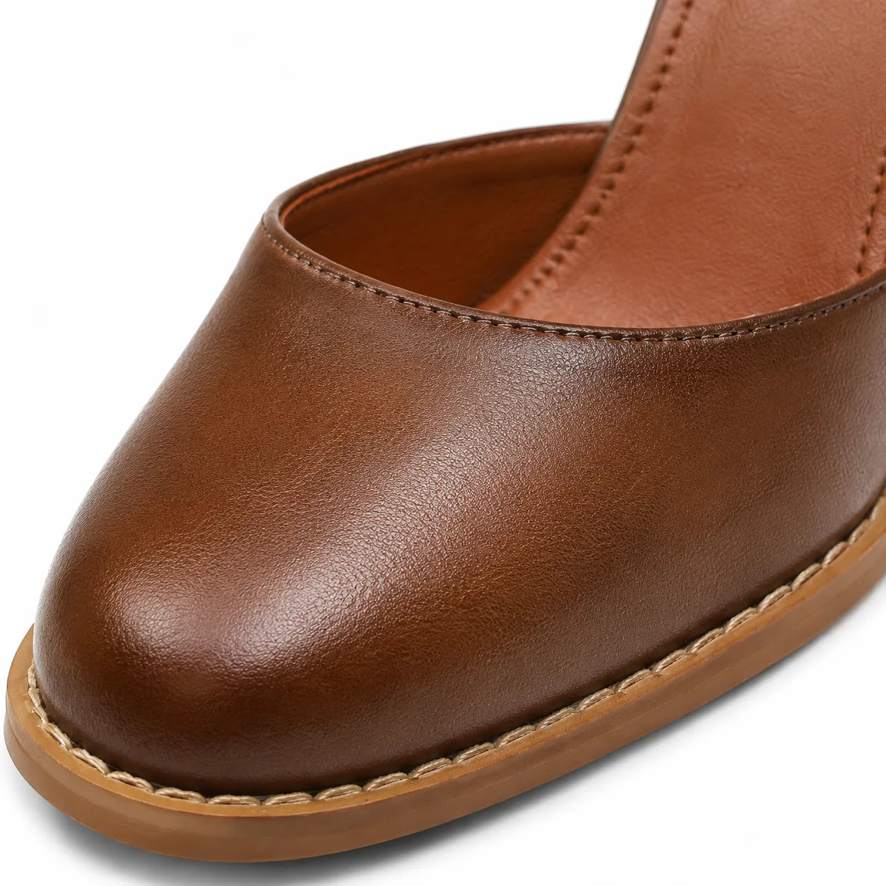 Rich Brown Lidia Leather Square-Heel Pumps close-up detail