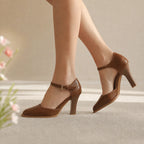 Rich Brown Lidia Leather Square-Heel Pumps on-foot view