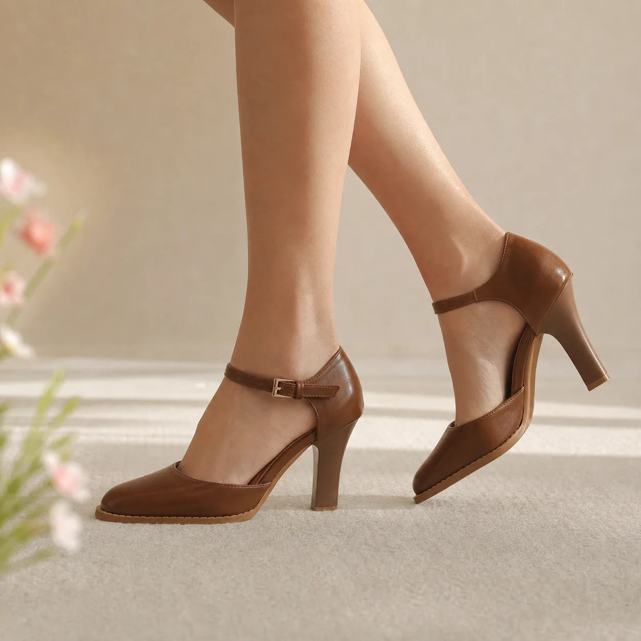 Rich Brown Lidia Leather Square-Heel Pumps on-foot view