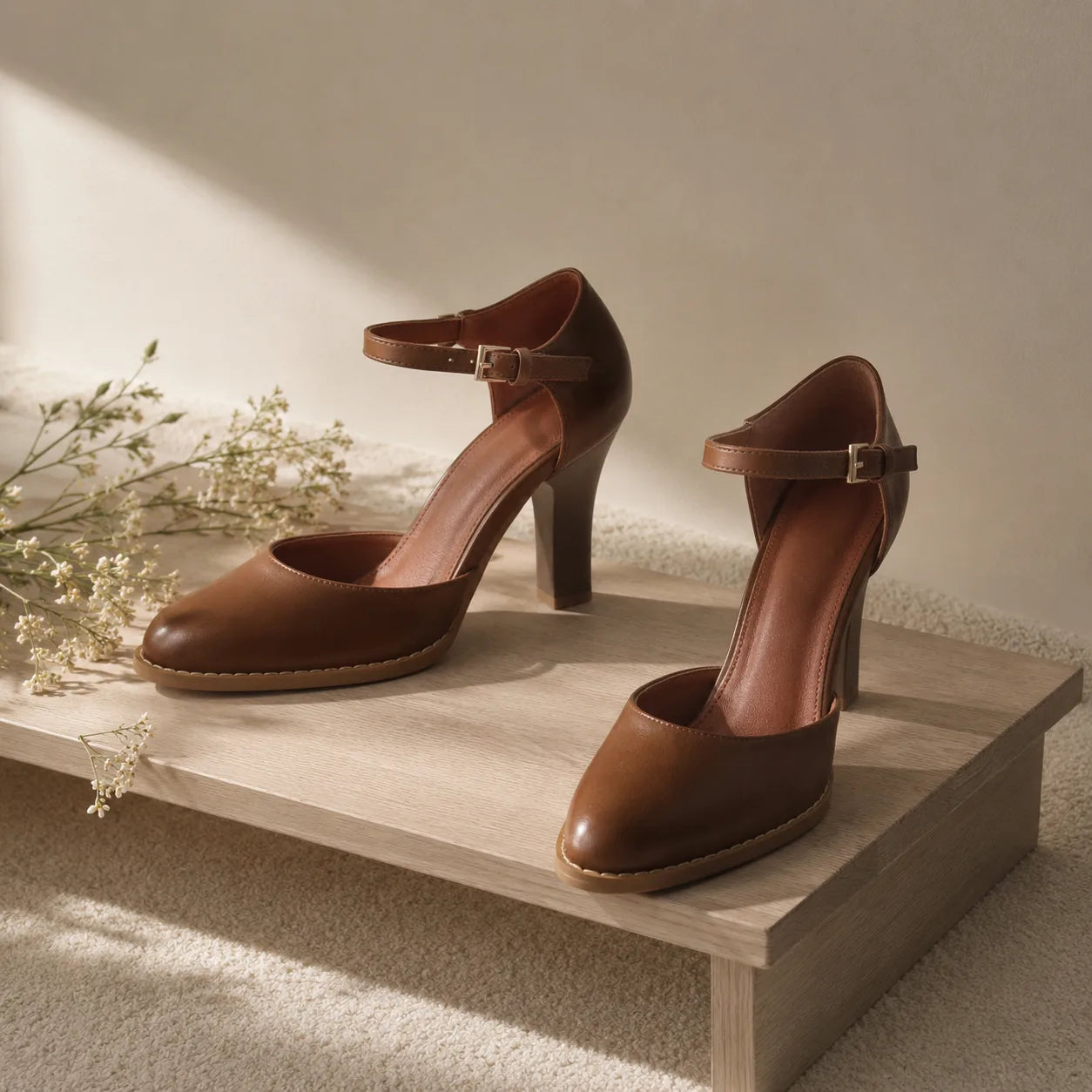 Rich Brown Lidia Leather Square-Heel Pumps styled scene