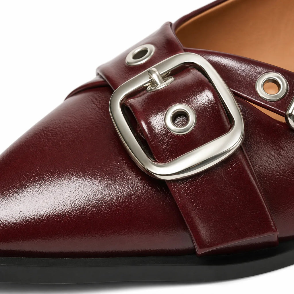 Deep Red Neva Buckle Microfiber Flats close-up detail