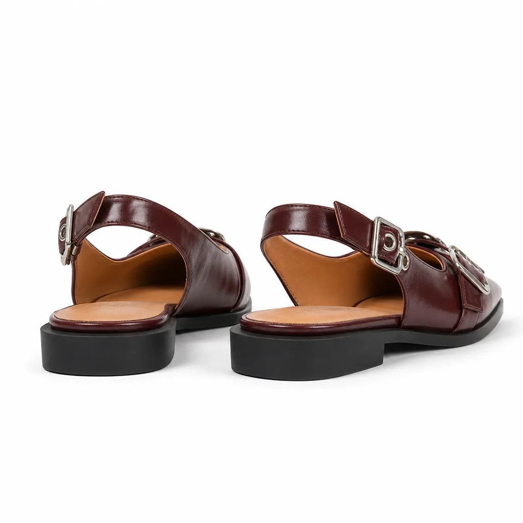 Deep Red Neva Buckle Microfiber Flats heel detail