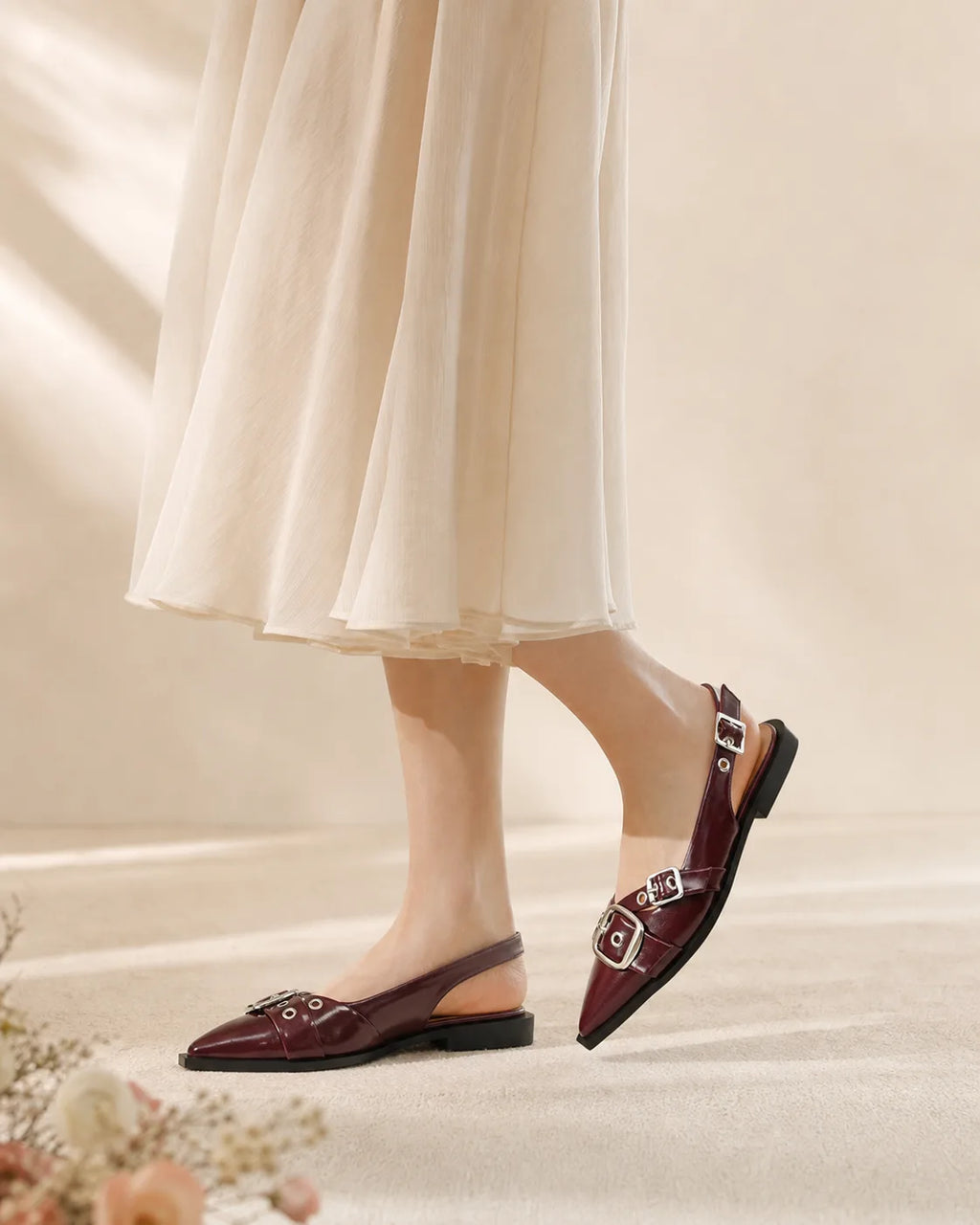 Deep Red Neva Buckle Microfiber Flats on-foot view
