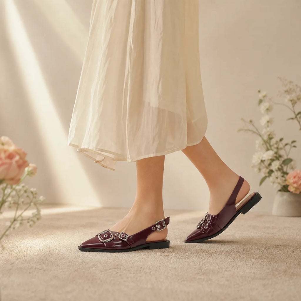 Deep Red Neva Buckle Microfiber Flats lifestyle scene