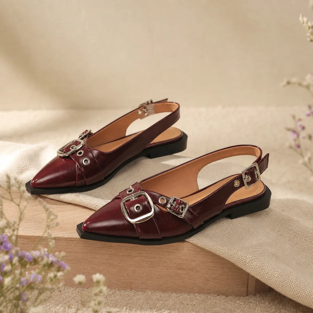 Deep Red Neva Buckle Microfiber Flats styled scene