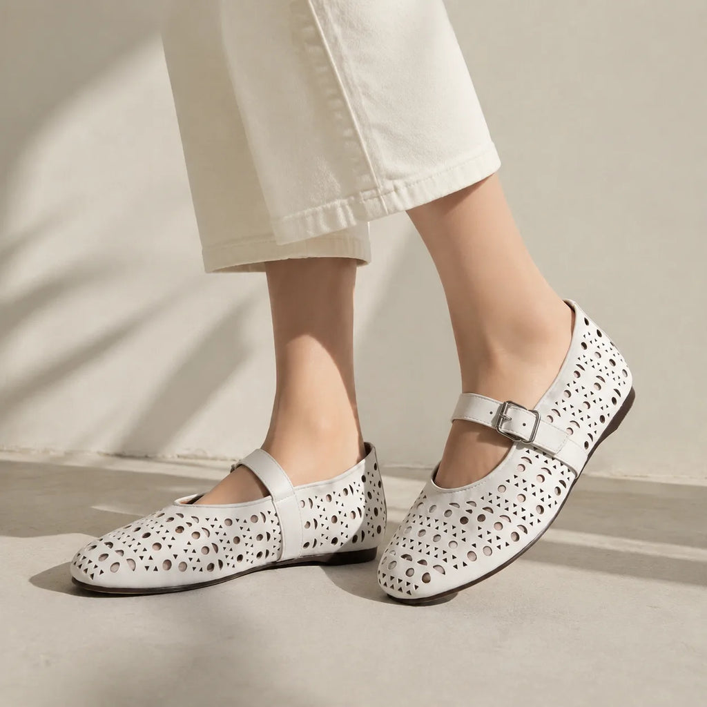 Cream Ivory Pia Buckle Microfiber Flats on-foot view