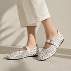 Cream Ivory Pia Buckle Microfiber Flats on-foot view