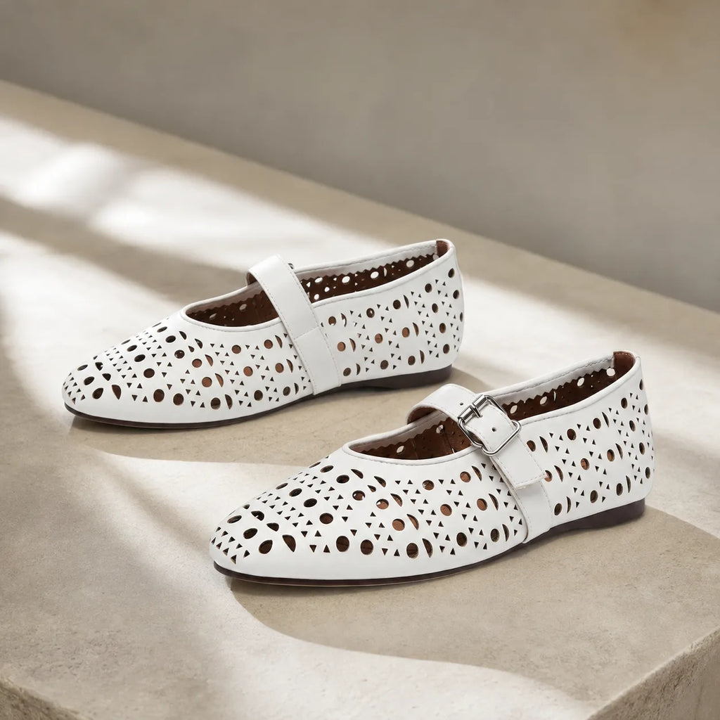 Cream Ivory Pia Buckle Microfiber Flats styled scene