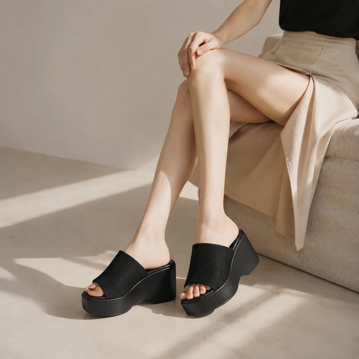 Deep Black Rina Microfiber Slip-On Sandals lifestyle scene