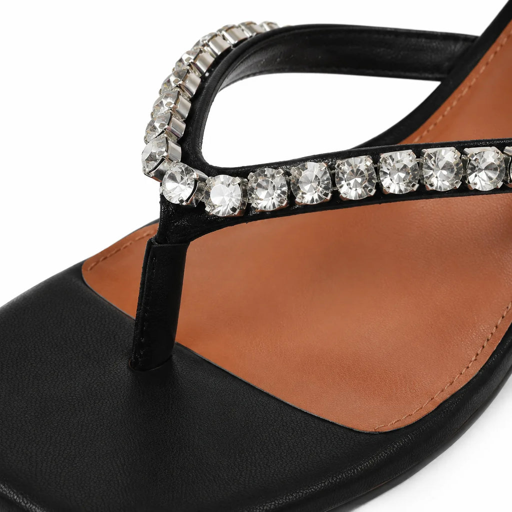 Deep Black Luz Leather Slip-On Thong Sandals close-up detail
