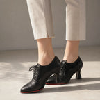 Deep Black Oria Microfiber Lace-Up Mules on-foot view