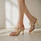 Warm Gold Tilda Leather Multi-Strap Sandals on-foot view