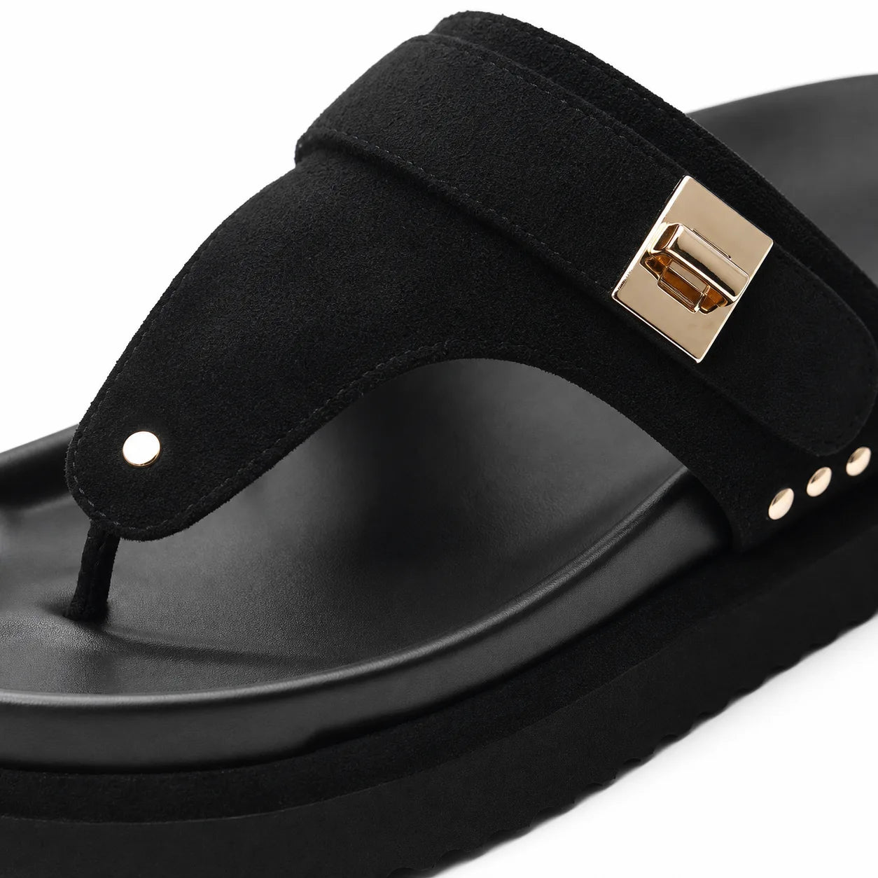 Deep Black Fiora Suede Slip-On Thong Sandals close-up detail