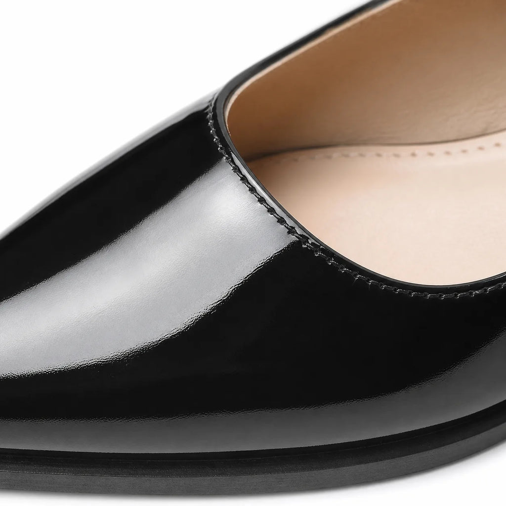 Black Patent Nyla Microfiber Block-Heel Pumps close-up detail