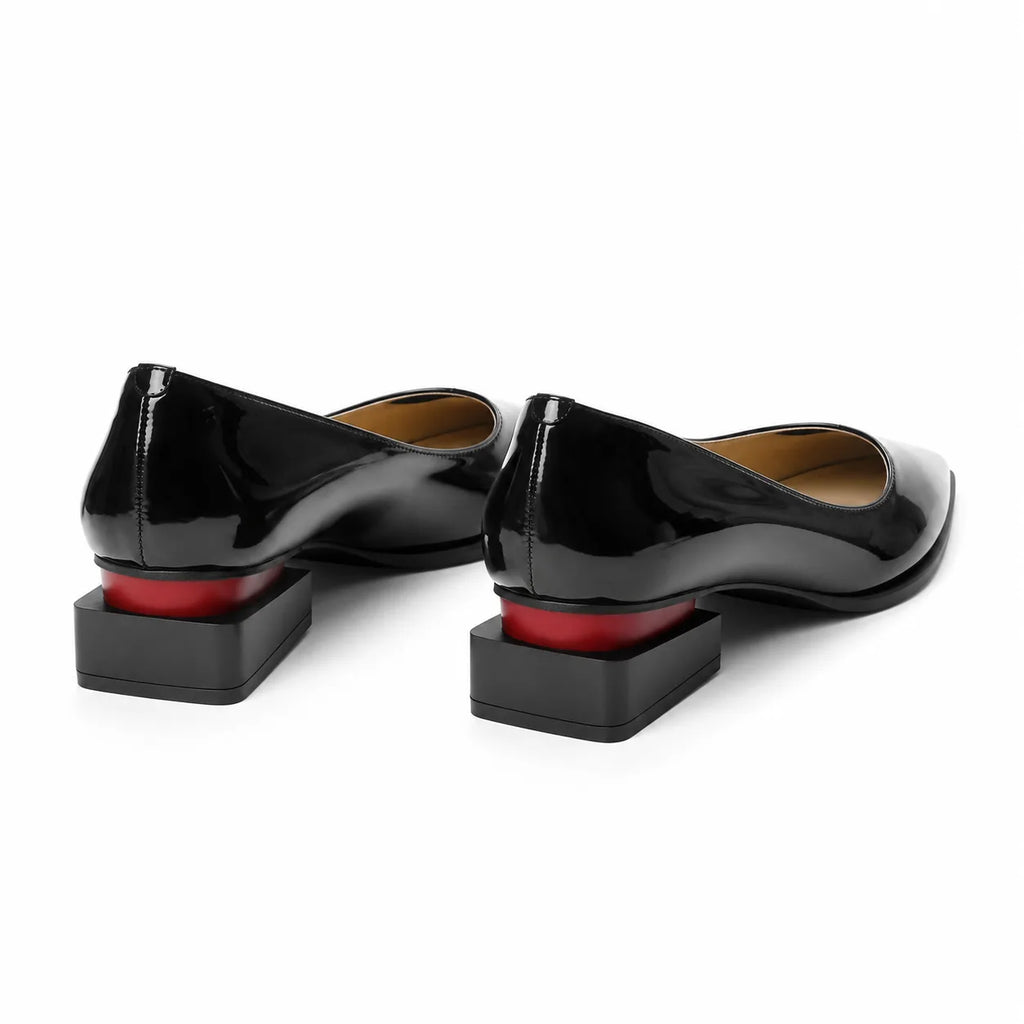 Black Patent Nyla Microfiber Block-Heel Pumps heel detail