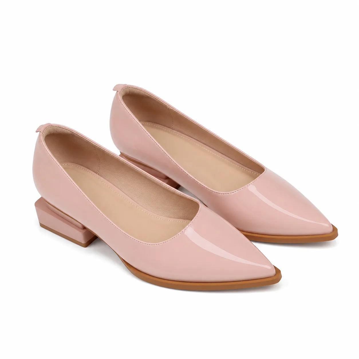 Beige Patent Nyla Microfiber Block-Heel Pumps