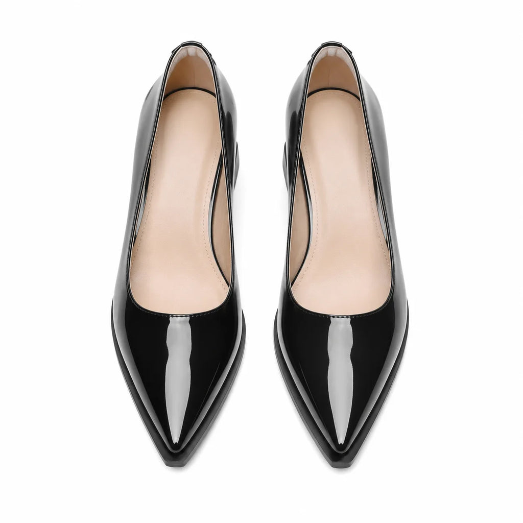 Black Patent Nyla Microfiber Block-Heel Pumps top view