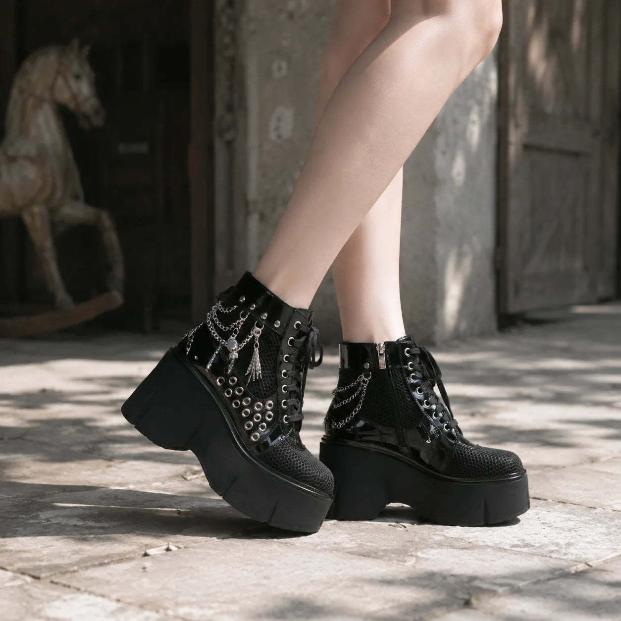 Deep Black Thea Microfiber Platform Boots on-foot view