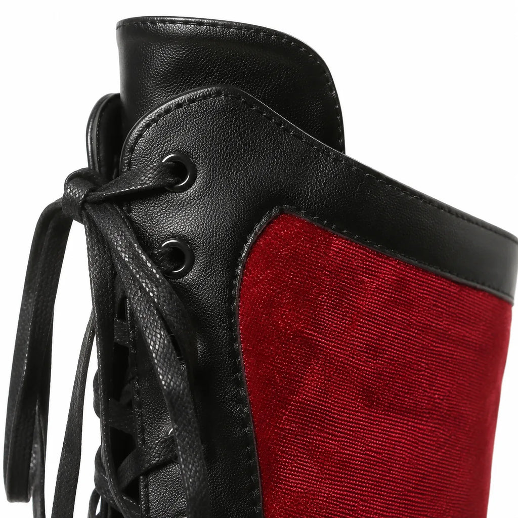 Deep Red Rhea Velvet Mid-Calf Boots close-up detail