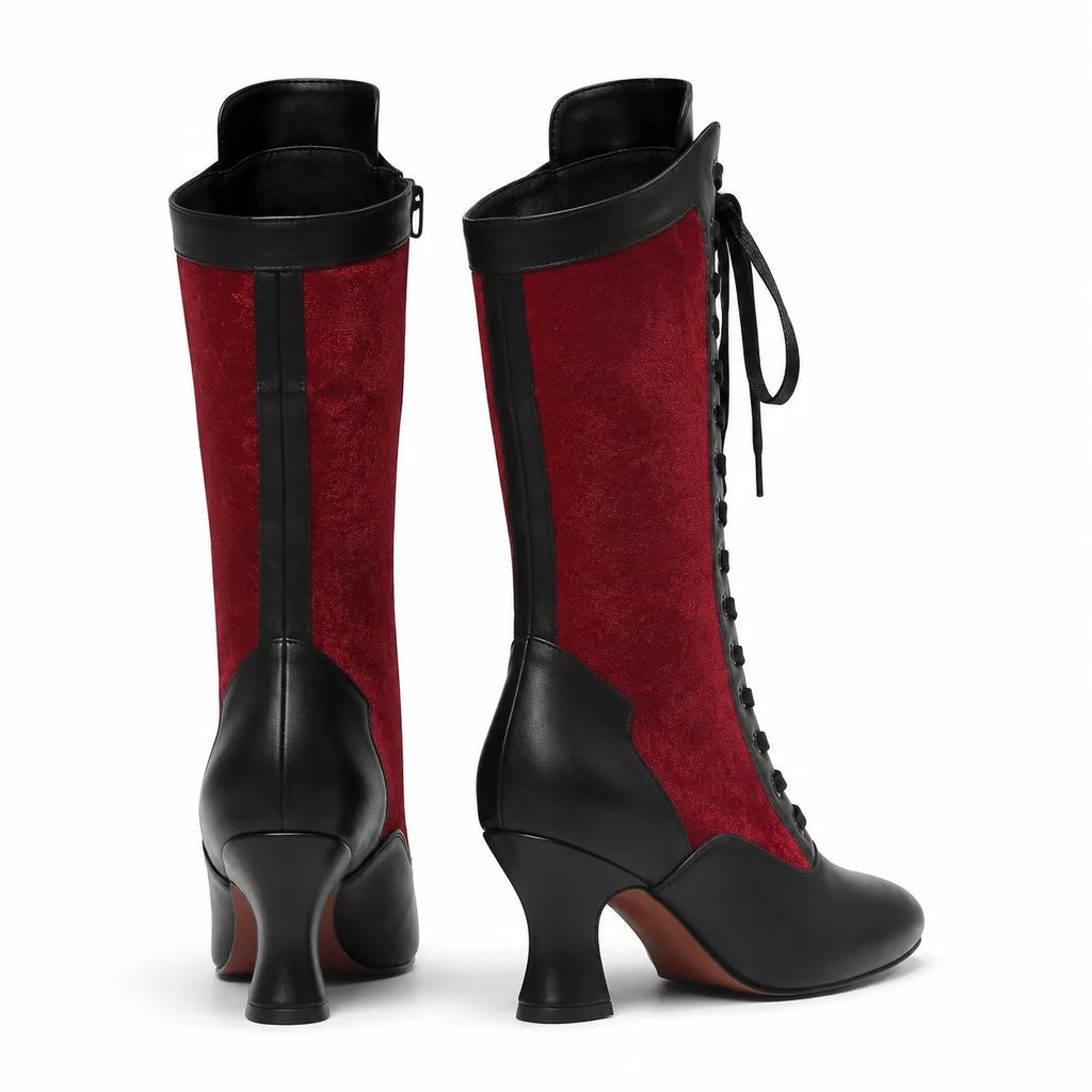 Deep Red Rhea Velvet Mid-Calf Boots heel detail