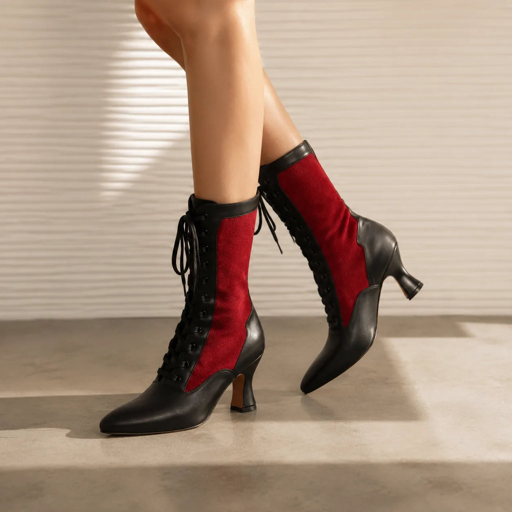Deep Red Rhea Velvet Mid-Calf Boots on-foot view