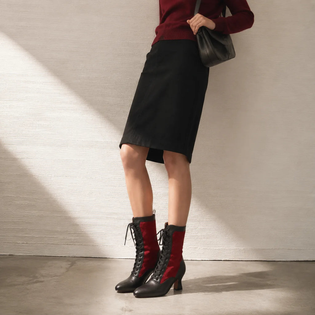 Deep Red Rhea Velvet Mid-Calf Boots lifestyle scene