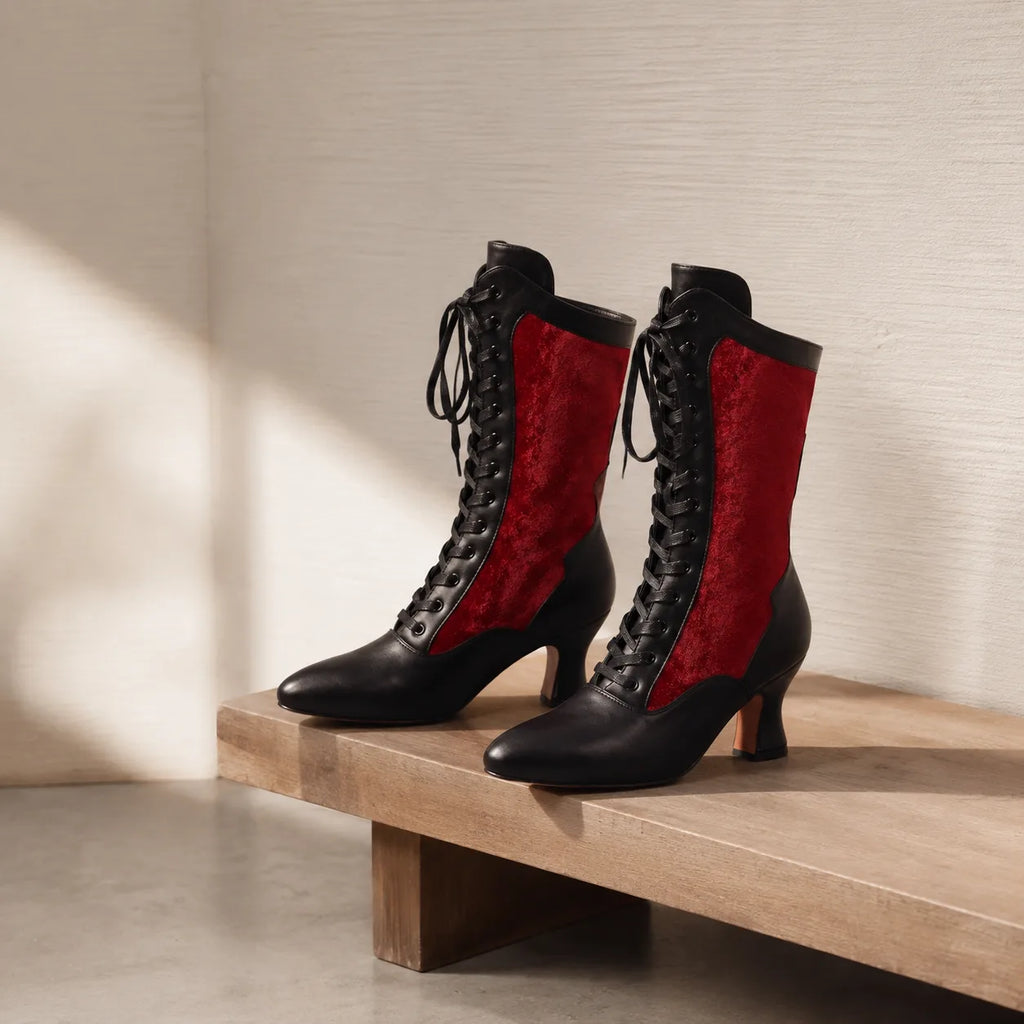Deep Red Rhea Velvet Mid-Calf Boots styled scene