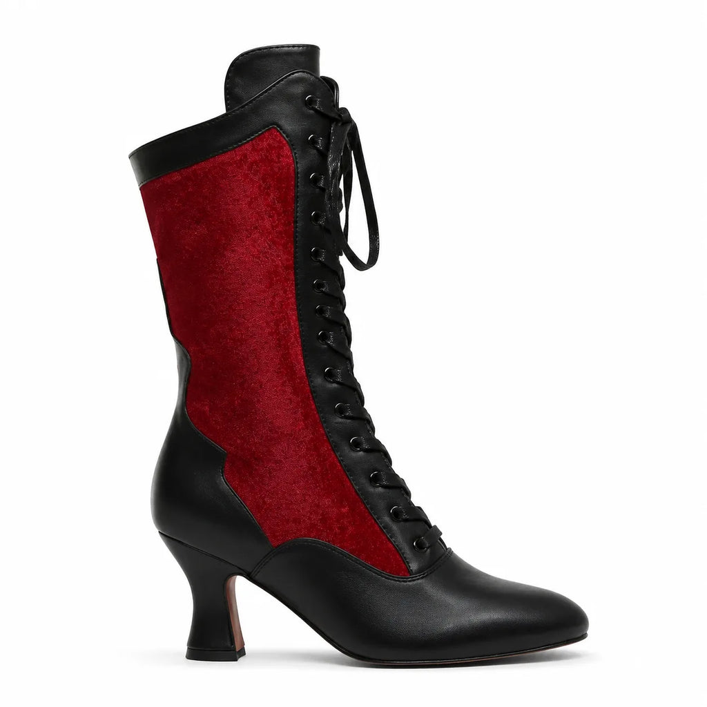 Deep Red Rhea Velvet Mid-Calf Boots side view