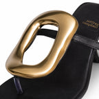 Deep Black Women's Square-Toe Satin Geometric Thong Mule Sandals close-up detail