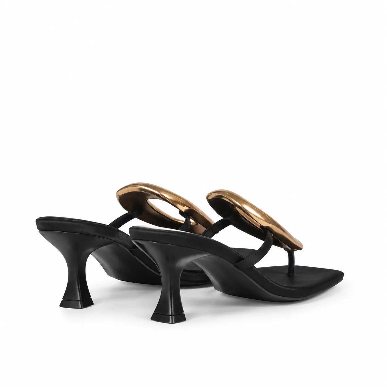 Deep Black Women's Square-Toe Satin Geometric Thong Mule Sandals heel detail