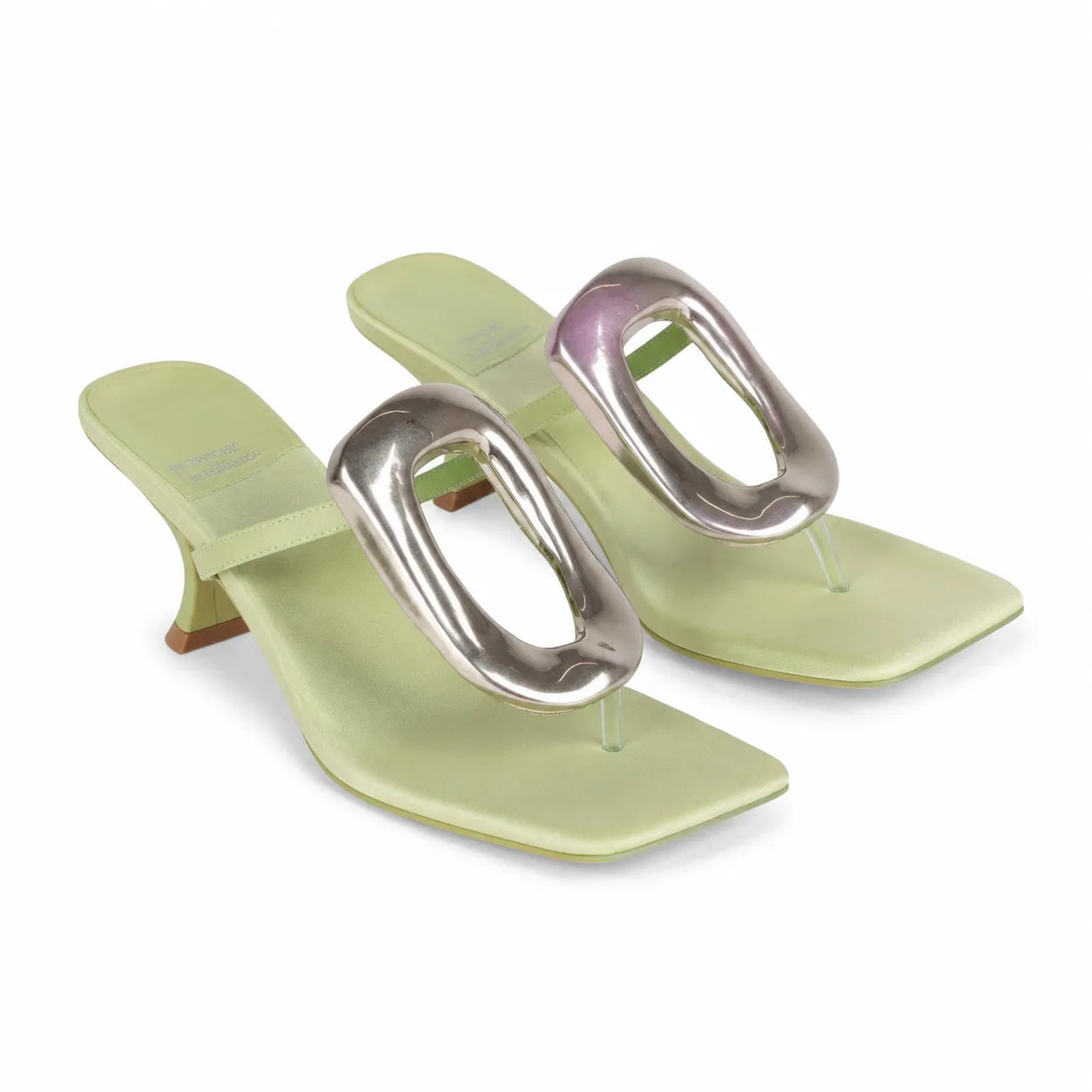 Sage Green Women's Square-Toe Satin Geometric Thong Mule Sandals