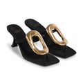 Deep Black Women's Square-Toe Satin Geometric Thong Mule Sandals