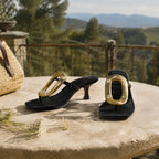 Deep Black Women's Square-Toe Satin Geometric Thong Mule Sandals styled scene
