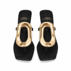 Deep Black Women's Square-Toe Satin Geometric Thong Mule Sandals top view