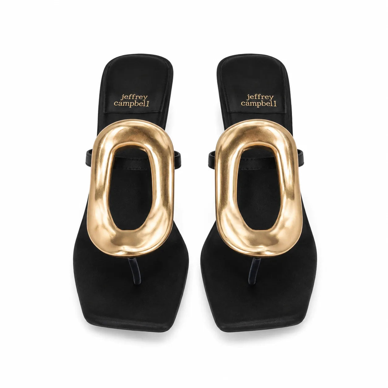Deep Black Women's Square-Toe Satin Geometric Thong Mule Sandals top view