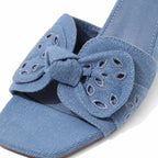 Hazy Blue Women's Open-Toe Denim Embroidered Slip-On Mule Sandals close-up detail