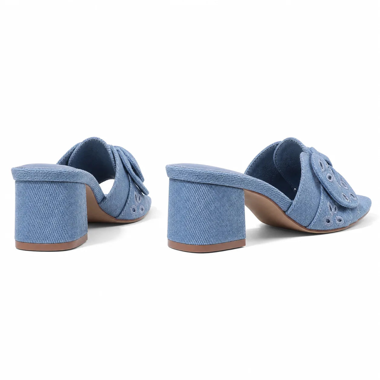 Hazy Blue Women's Open-Toe Denim Embroidered Slip-On Mule Sandals heel detail