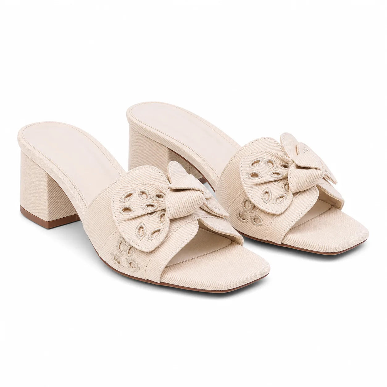 Warm Beige Women's Open-Toe Denim Embroidered Slip-On Mule Sandals