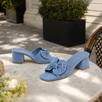 Hazy Blue Women's Open-Toe Denim Embroidered Slip-On Mule Sandals styled scene