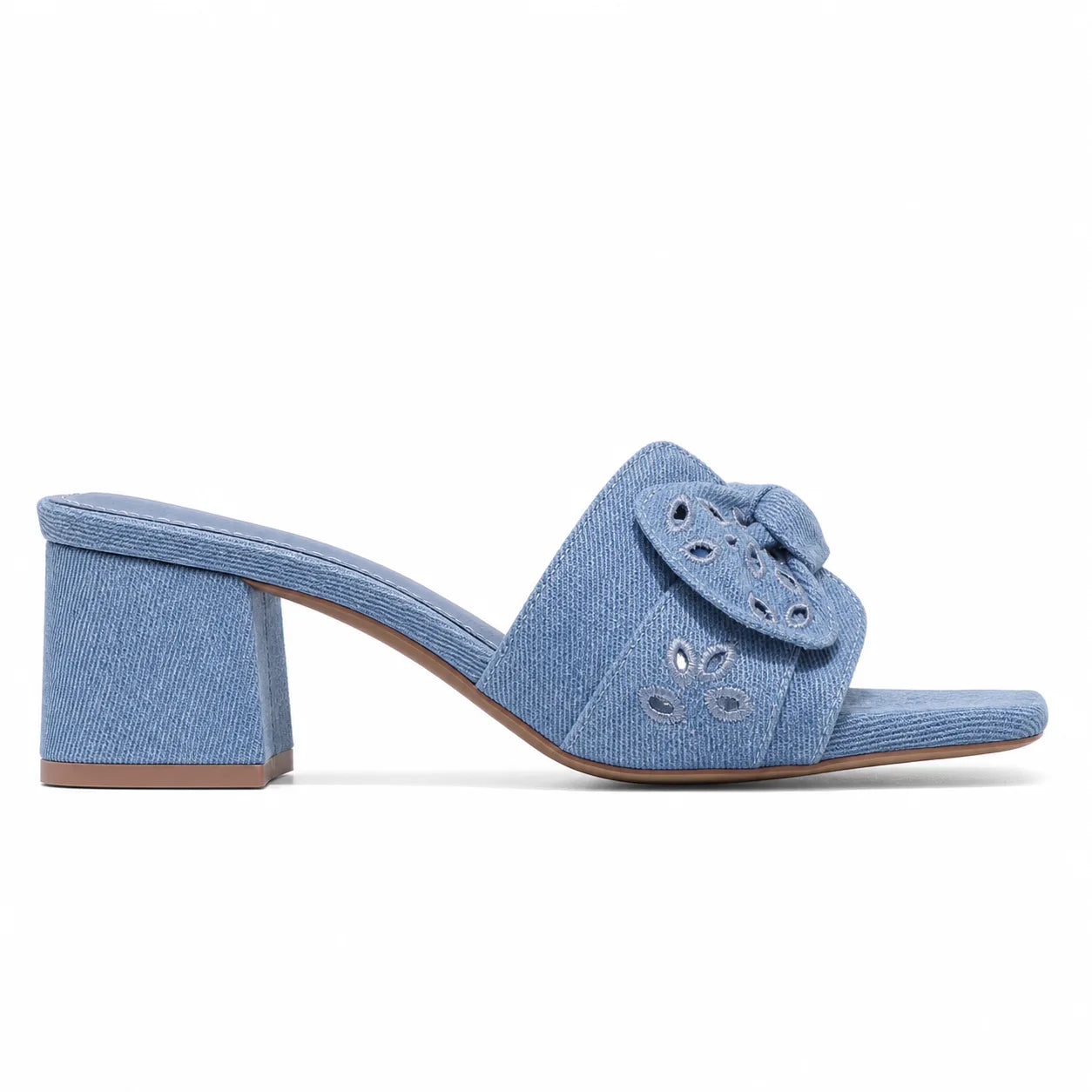Hazy Blue Women's Open-Toe Denim Embroidered Slip-On Mule Sandals side view