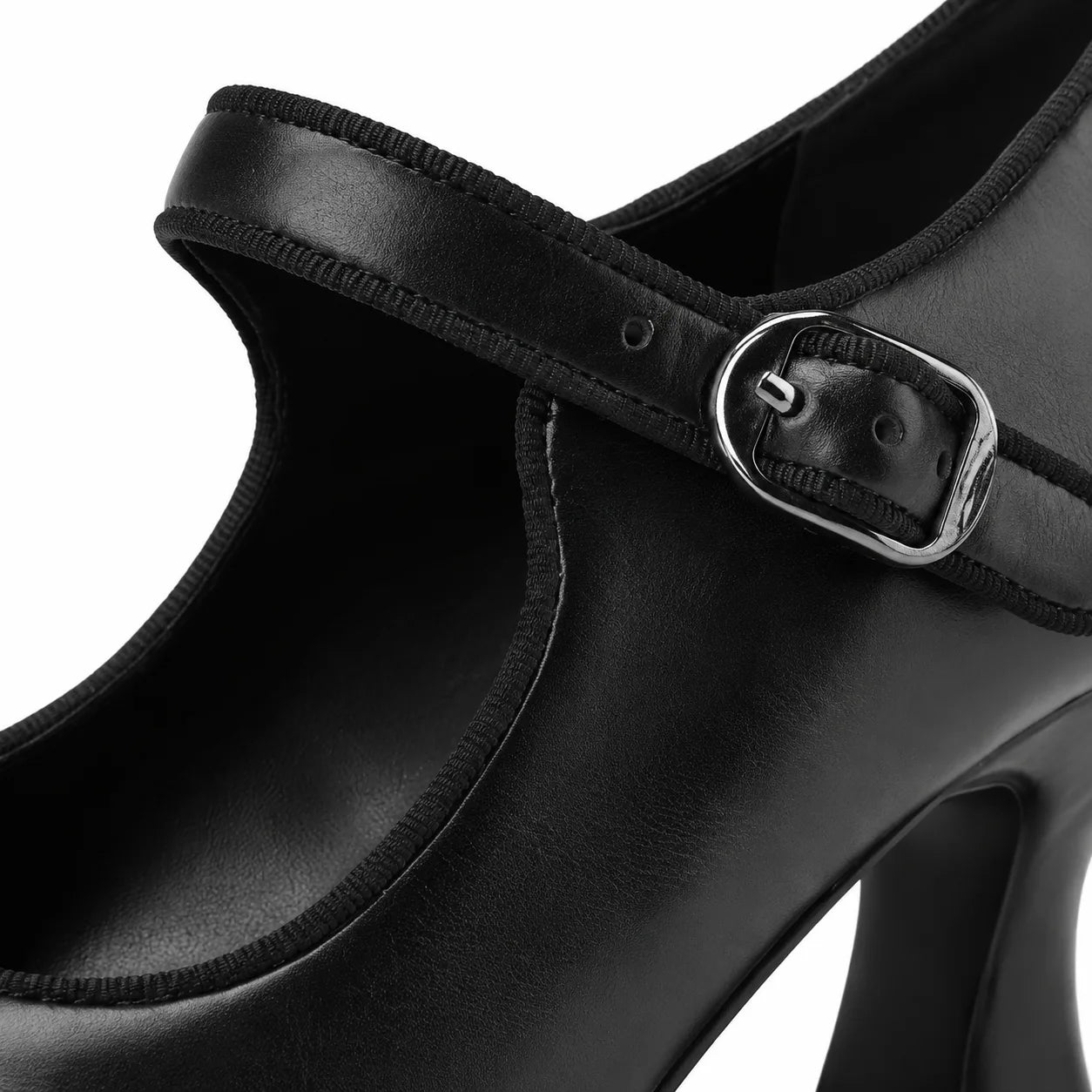 Deep Black Women's Pointed-Toe Spool-Heel Faux Leather Buckle Pumps close-up detail