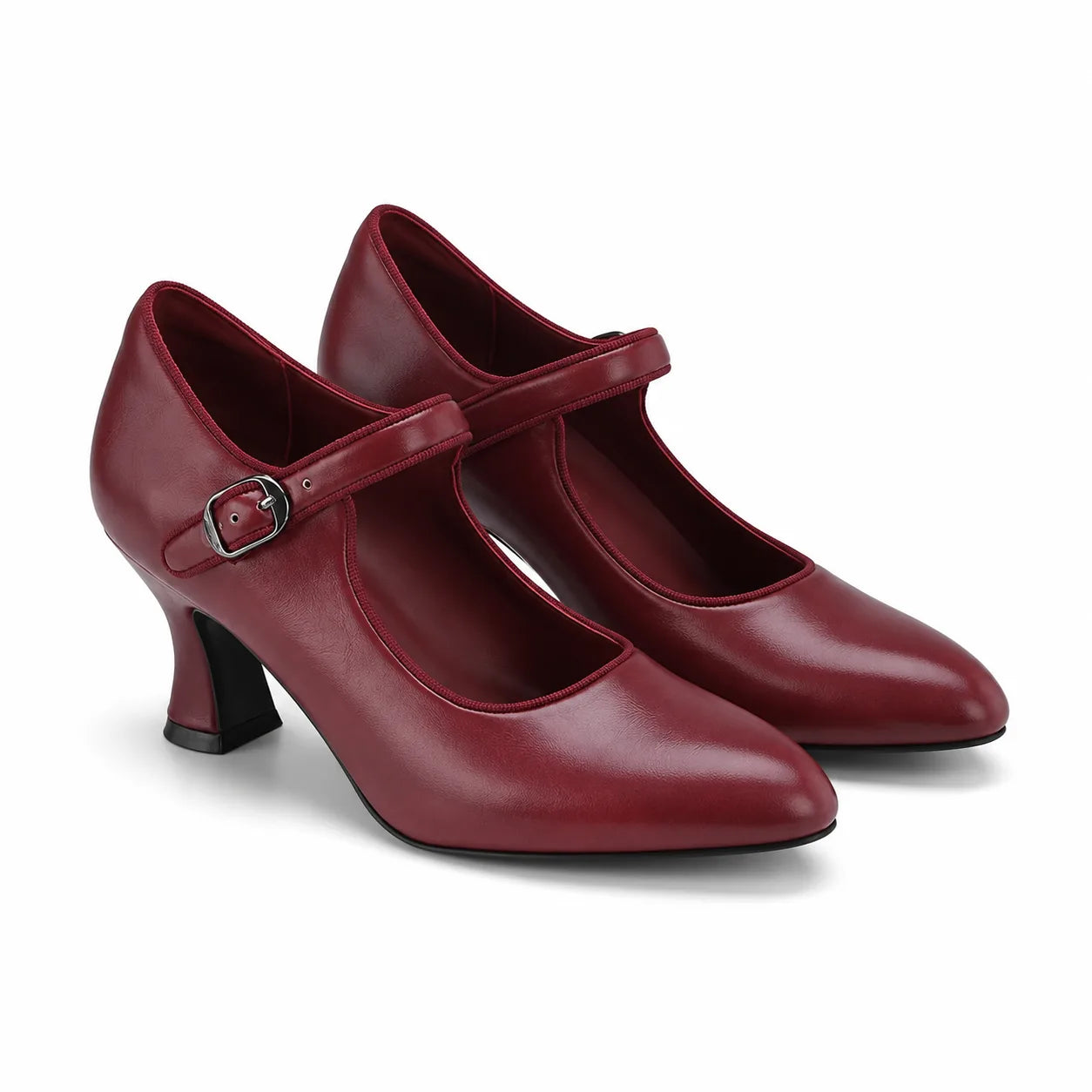Deep Red Women's Pointed-Toe Spool-Heel Faux Leather Buckle Pumps