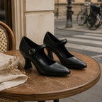 Deep Black Women's Pointed-Toe Spool-Heel Faux Leather Buckle Pumps styled scene