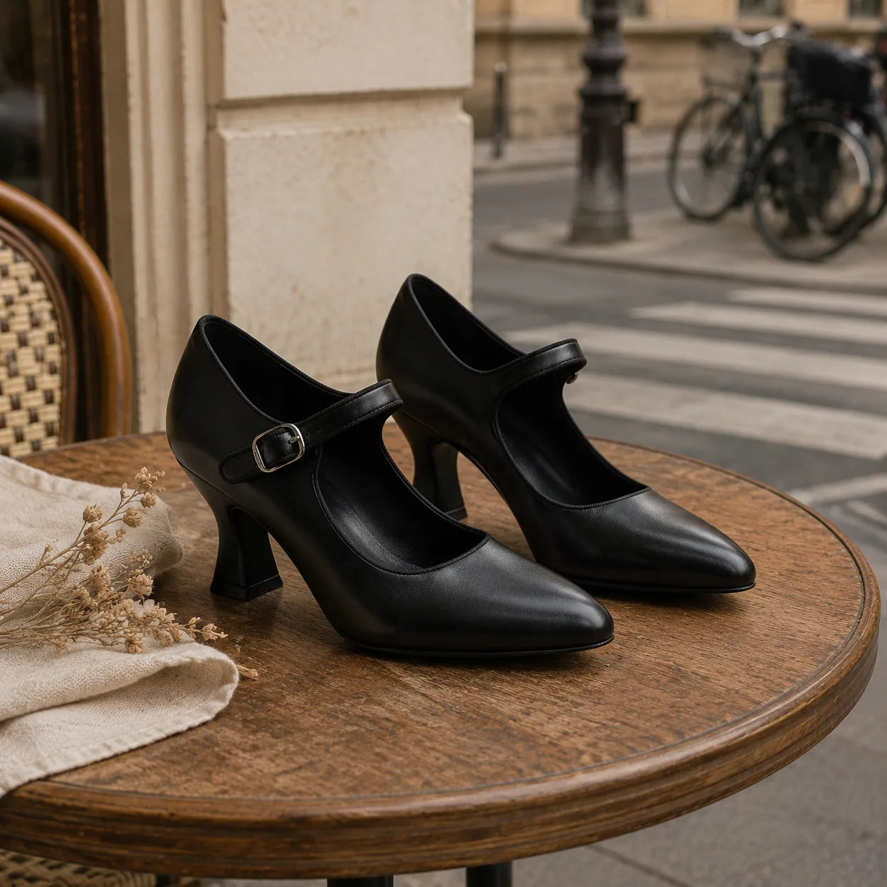 Deep Black Women's Pointed-Toe Spool-Heel Faux Leather Buckle Pumps styled scene