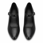 Deep Black Women's Pointed-Toe Spool-Heel Faux Leather Buckle Pumps top view