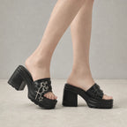 Deep Black Aurea Microfiber Multi-Strap Sandals on-foot view