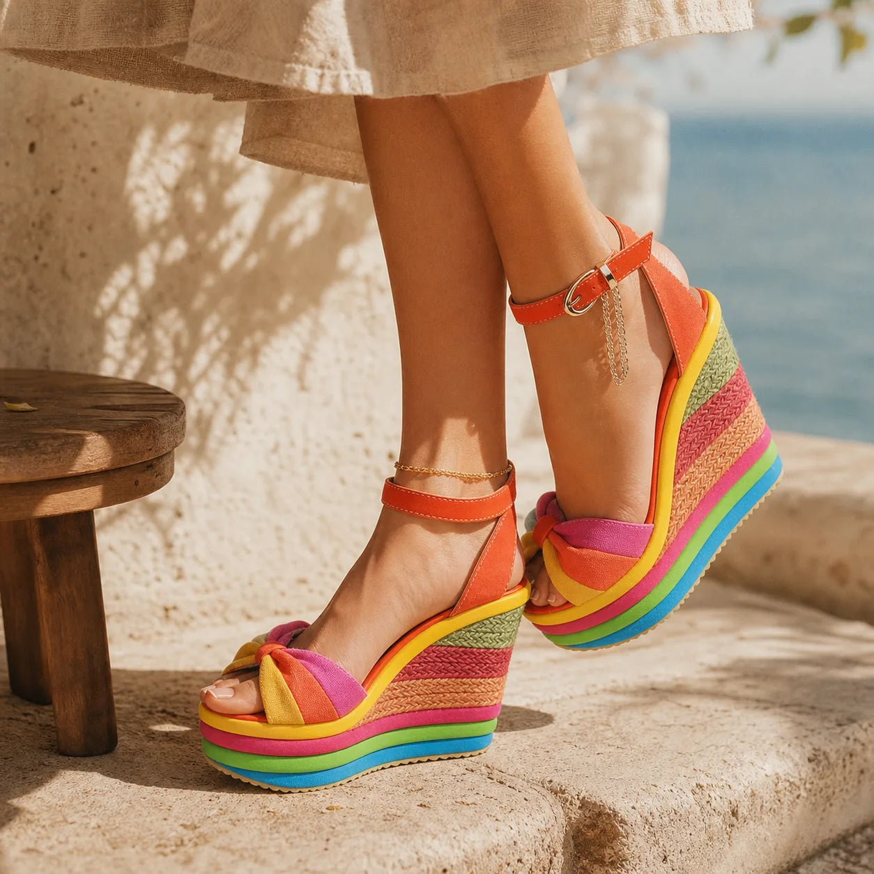 Soft Coral Women's Open-Toe Wedge Suede Ankle-Strap Platform Sandals on-foot view